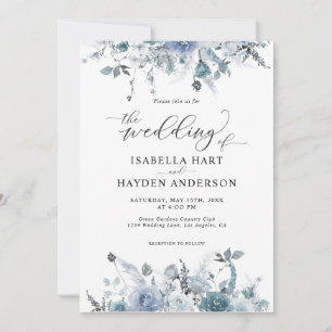 Floral Slate Dusty Boho Pastel Blue Pampas Wedding Invitation