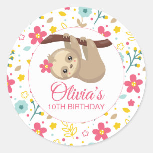 Floral Sloth Birthday Party Stickers