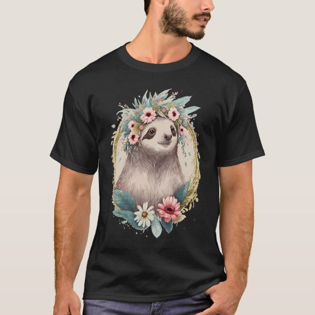 Floral Sloth Flower Crown Cute Watercolor T-Shirt (Front)