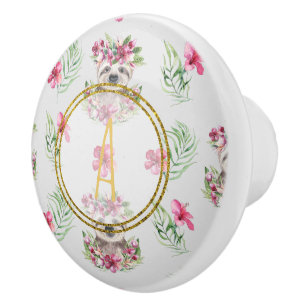 Floral SLOTH Monogram Pattern Girls Nursery Room Ceramic Knob