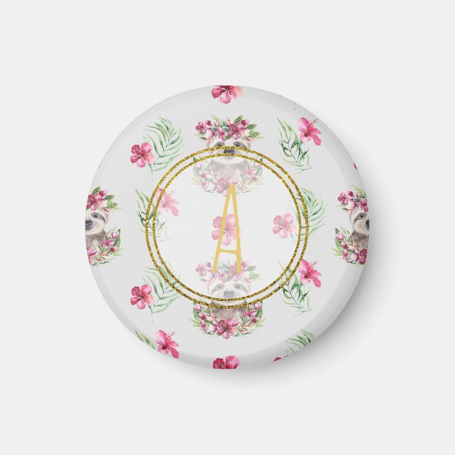 Floral SLOTH Monogram Pattern Girls Nursery Room Magnet (Front)