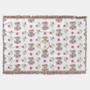 Floral SLOTH Monogram Pattern Girls Nursery Room Throw Blanket