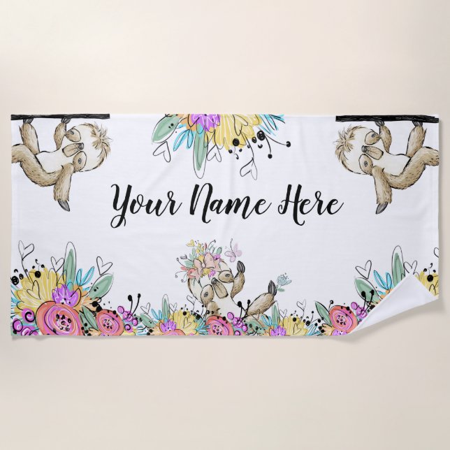 Floral Sloth Personalised Beach Towel (Front)
