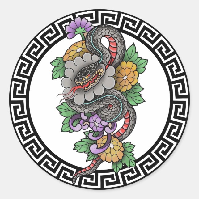 Floral snake classic round sticker (Front)