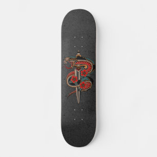 Floral Snake & Sword Grunge Illustration Esoteric Skateboard