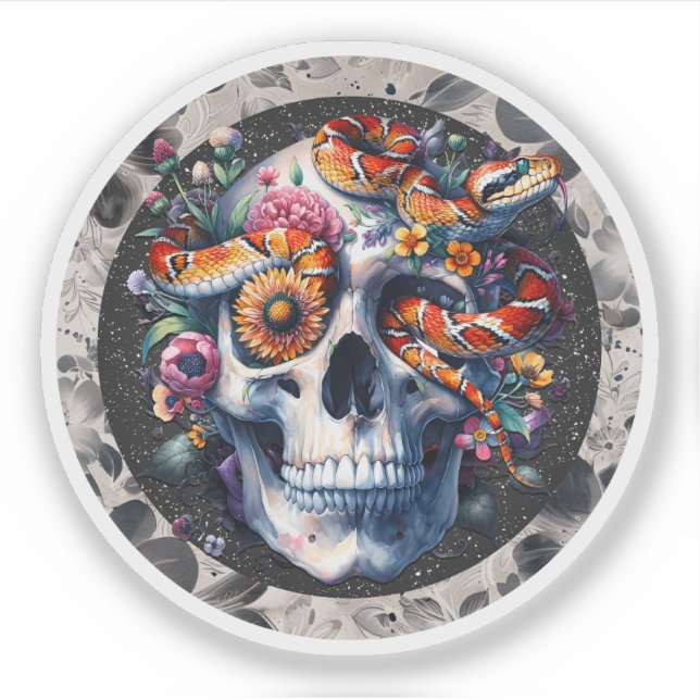 Floral Snake With Skull Sticker. (Front)