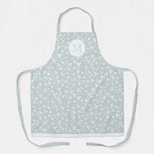 Floral Snowdrop Pattern Monogram. Light Sage Green Apron