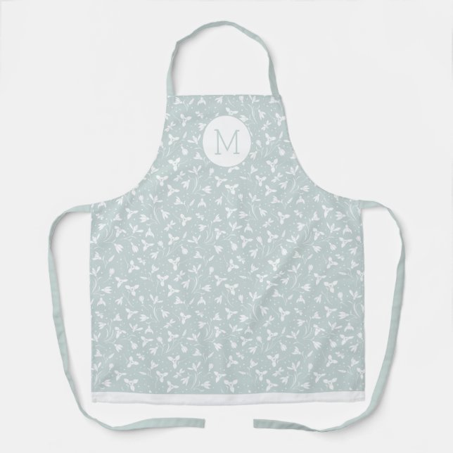 Floral Snowdrop Pattern Monogram. Light Sage Green Apron (Front)