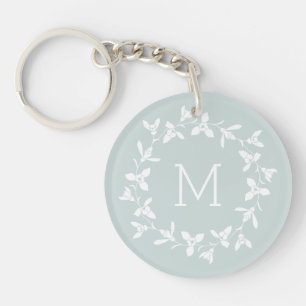 Floral Snowdrop Wreath with Monogram. Pastel Green Key Ring