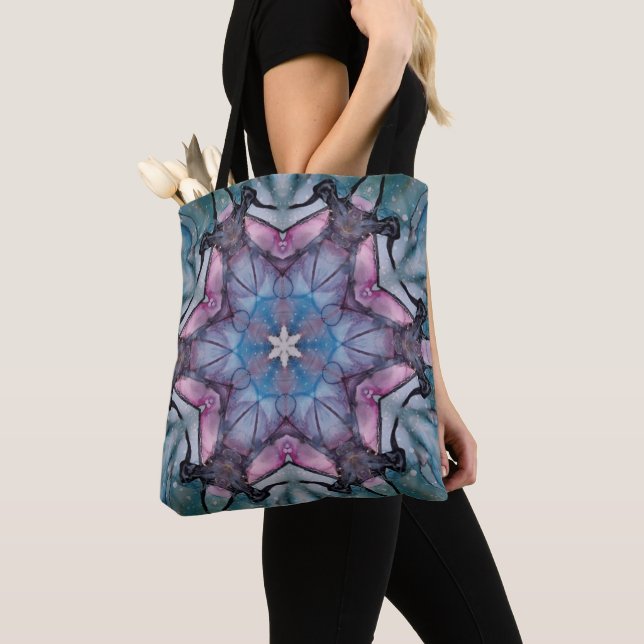 Floral Snowflake Pink Blue Green Tote Bag (Close Up)