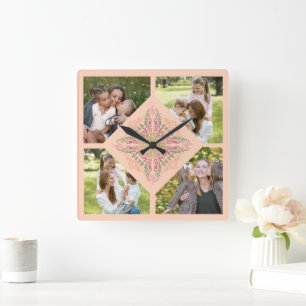 Floral Soft peach kaleidoscopic Script Best Mom Square Wall Clock