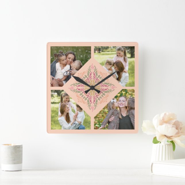 Floral Soft peach kaleidoscopic Script Best Mom  Square Wall Clock (Home)