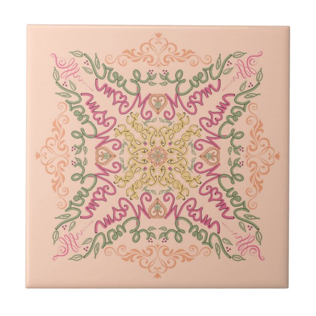 Floral Soft peach kaleidoscopic Script Best Mom  Tile (Front)
