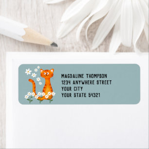 Floral Soft Teal Orange Cat Return Address