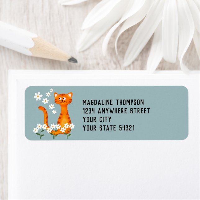 Floral Soft Teal Orange Cat Return Address (Insitu)