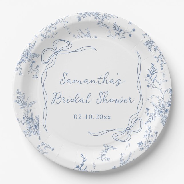 Floral Something Blue Bow Bridal Shower Paper Plate (Front)