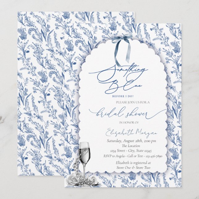 Floral Something Blue Bow Glass Pearls  Invitation (Front/Back)