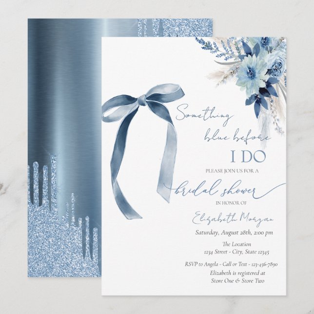 Floral Something Blue Bow Glitter Drips  Invitation (Front/Back)
