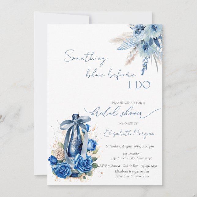Floral Something Blue Bow Wine Bottle Roses Invitation (Front)