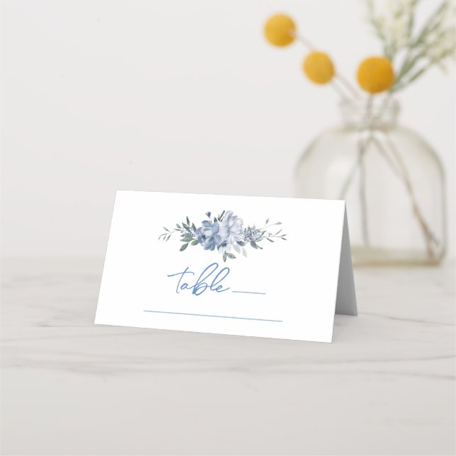 Floral Something Blue Bridal Shower Table Number Place Card (Front)