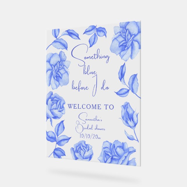 Floral Something Blue Bridal Shower Welcome Acrylic Sign (Angle)