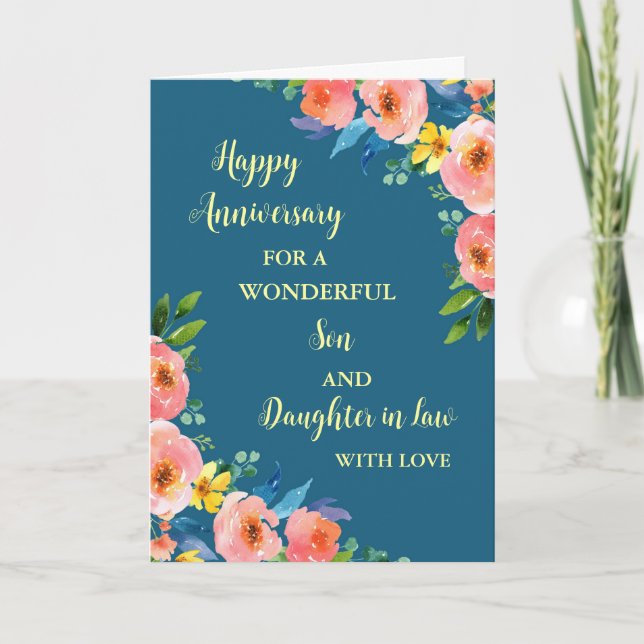 Floral Son & Daughter in Law Wedding Anniversary Card (Front)
