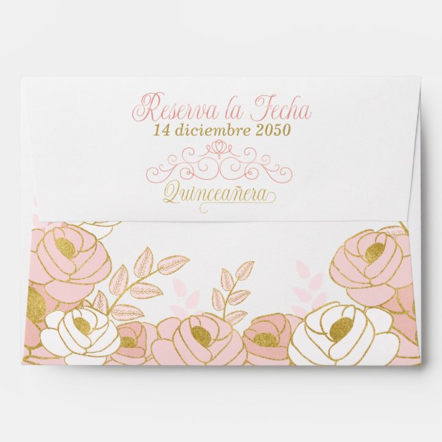 Floral Spanish Quinceanera Pink Envelope (Back (Top Flap))