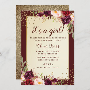 Floral Sparkle Burgundy Baby Shower Invitation