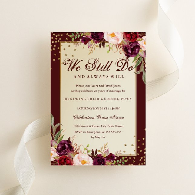 Floral Sparkle Burgundy Vow Renewal Anniversary Invitation (Creator Uploaded)