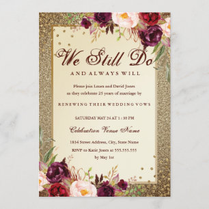 Floral Sparkle Gold Vow Renewal Anniversary Invitation