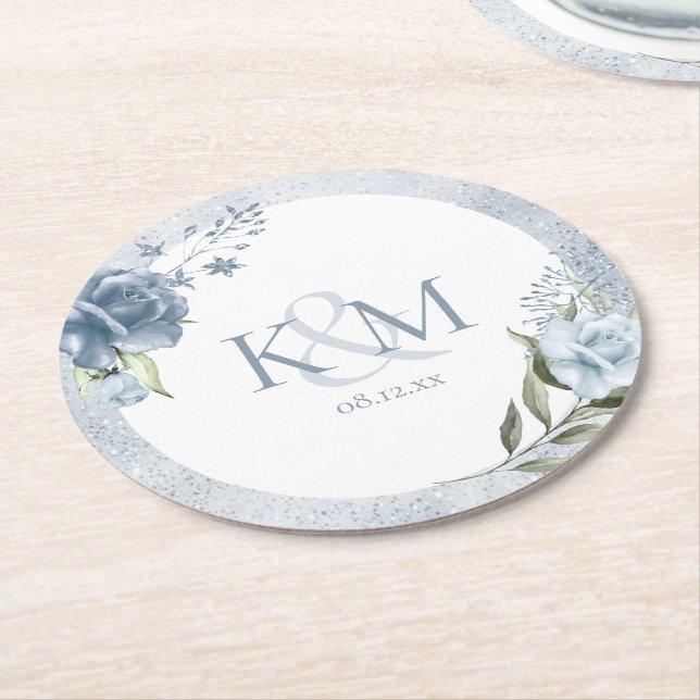 Floral Sparkle Wedding Initials Dusty Blue ID889 Round Paper Coaster (Angled)