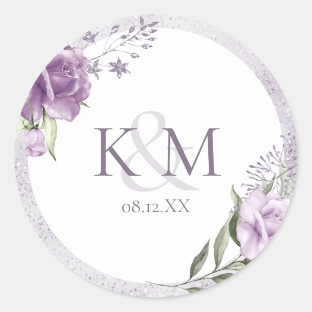 Floral Sparkle Wedding Initials Mauve ID889 Classic Round Sticker (Front)