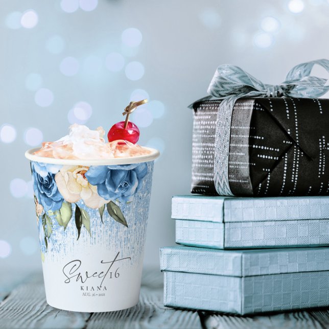 Floral Sparkles Sweet Sixteen BlueID912 Paper Cups (Creator Uploaded)