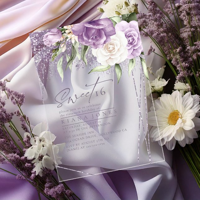 Floral Sparkles Sweet Sixteen Mauve ID912 Acrylic Invitations (Creator Uploaded)