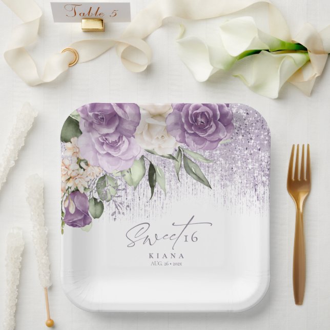 Floral Sparkles Sweet Sixteen Mauve ID912 Paper Plate (Wedding)