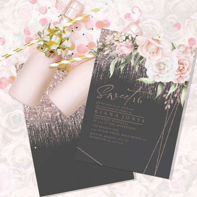 Floral Sparkles Sweet Sixteen Rose Gold/Blk ID912 (Creator Uploaded)