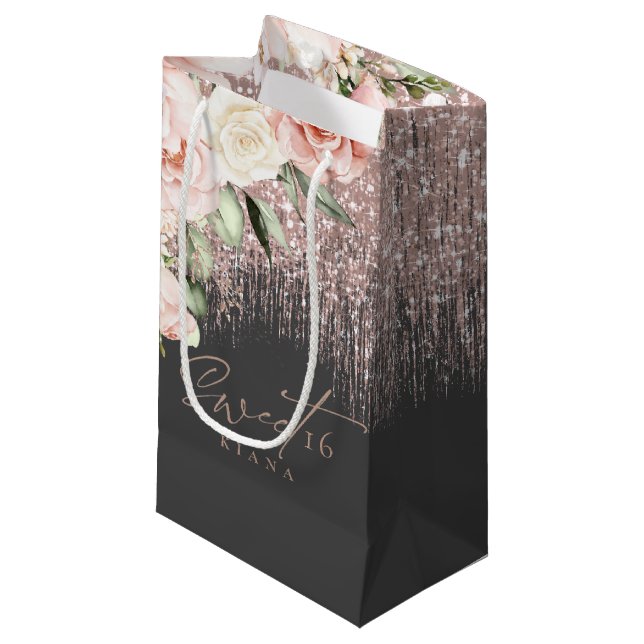 Floral Sparkles Sweet Sixteen Rose Gold/Blk ID912 Small Gift Bag (Front Angled)