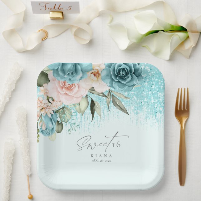 Floral Sparkles Sweet Sixteen Teal ID912 Paper Plate (Wedding)