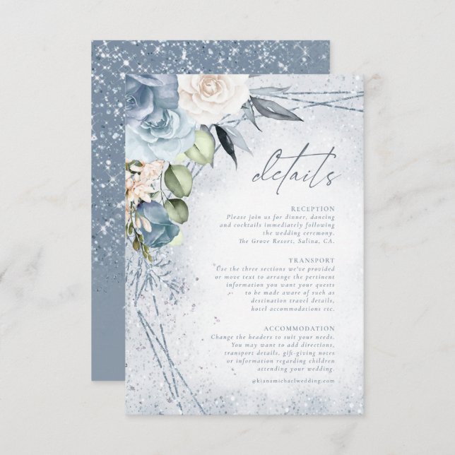 Floral Sparkles Wedding Details Dusty Blue ID889 Enclosure Card (Front/Back)