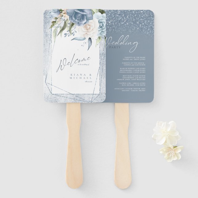 Floral Sparkles Wedding Party or Program Bl ID889 Hand Fan (Front and Back)