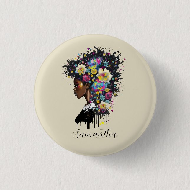 Floral Sparkling African American Woman 3 Cm Round Badge (Front)