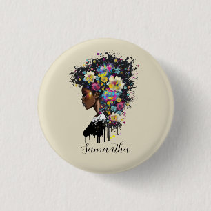 Floral Sparkling African American Woman 3 Cm Round Badge
