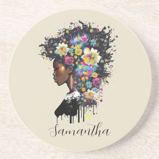 Floral Sparkling African American Woman Coaster (Front)
