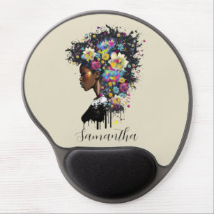 Floral Sparkling African American Woman Gel Mouse Mat