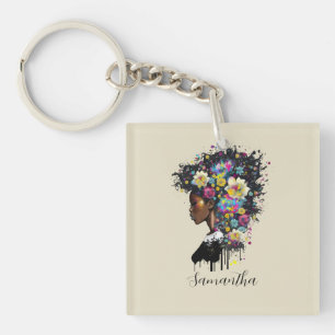 Floral Sparkling African American Woman Key Ring