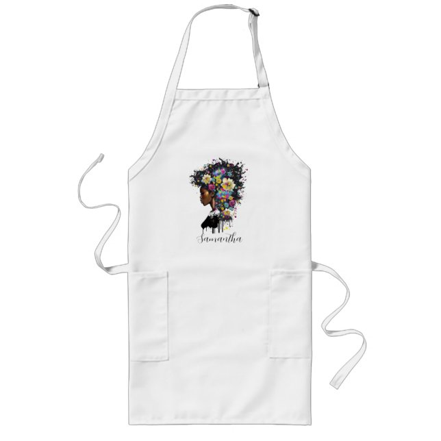 Floral Sparkling African American Woman Long Apron (Front)