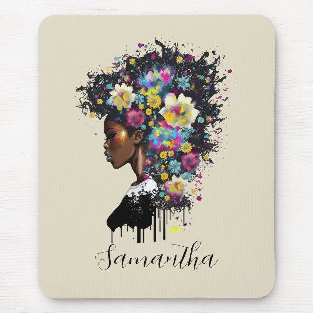 Floral Sparkling African American Woman Mouse Mat (Front)