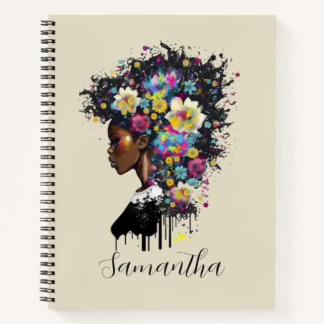 Floral Sparkling African American Woman Notebook (Front)