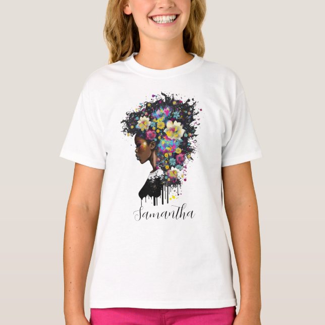 Floral Sparkling African American Woman T-Shirt (Front)