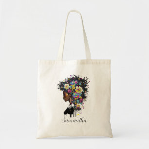 Floral Sparkling African American Woman Tote Bag
